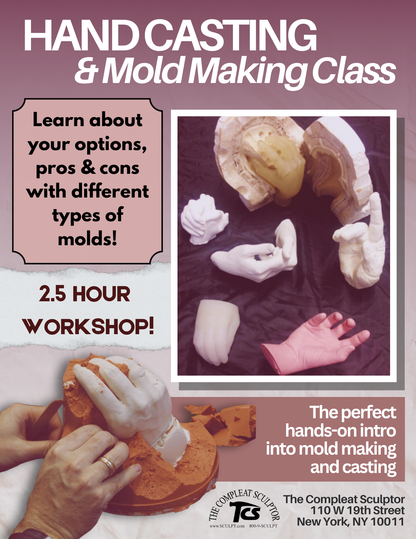 image for a hand casting and mold making class, showing a person working with molding materials, and the text highlighting the class content and location.