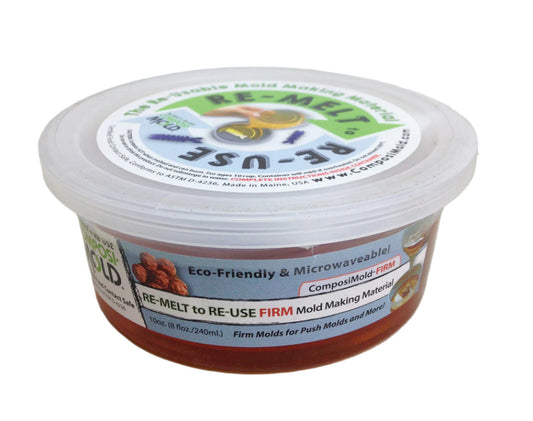A container of ComposiMold Firm mold making material with labels indicating its eco-friendliness and usability for mold making.