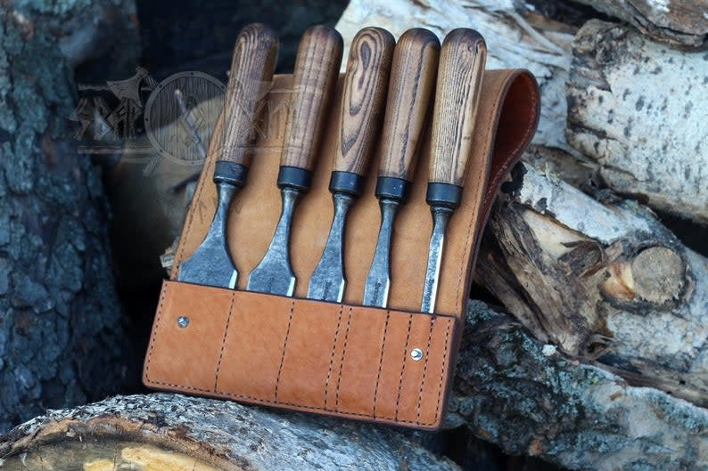 Cinceles con bordes biselados en bolsa de cuero (juego de 5)